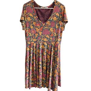 Peruvian Connection Floral Print Knit Dress V Neck Short Sleeve Size L